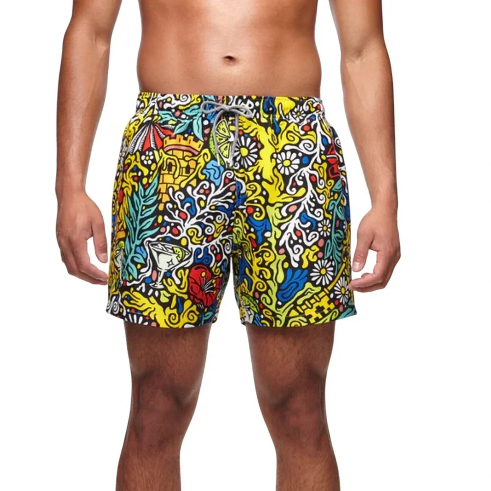 Boardies Swim Trunks Mens Small Multicolor‎ Doodle Print Tropical Beach Shorts